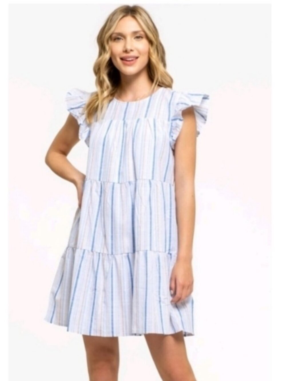 NWOT August Sky Striped Womens Mini Tiered Flutter Sleeve Dress Size Medium